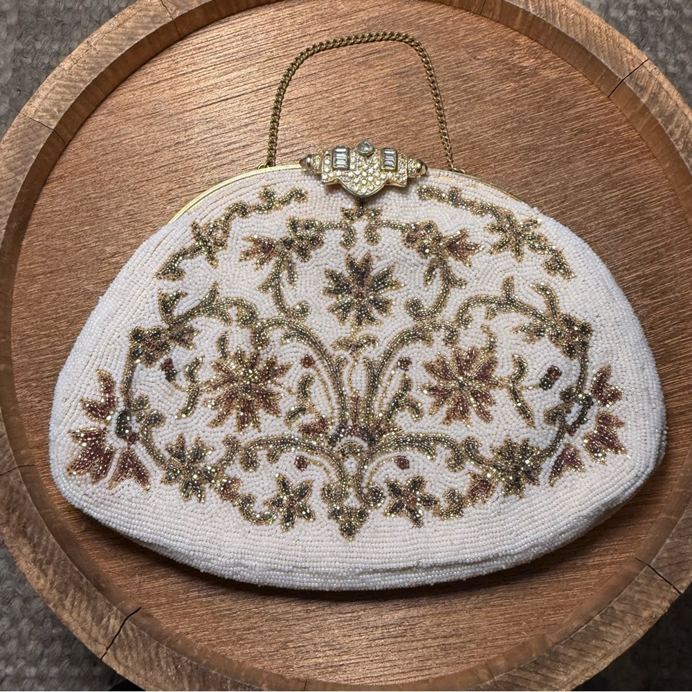 Antique Hand Beaded French Microbeading White and Gold Floral Filigree Clutch